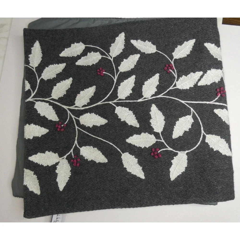 Nicole Miller Home Wool Blend Table Runner Grey Leaf Berry Embroidered 69